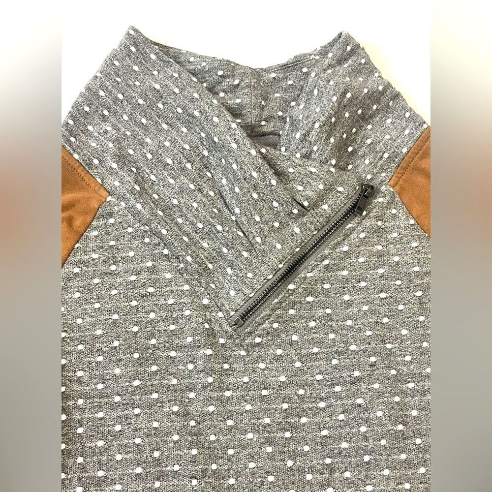 Maurices Gray and White Polka Dot Top w Brown Sleeves Cowl Neck Sweatshirt XS - Picture 6 of 16